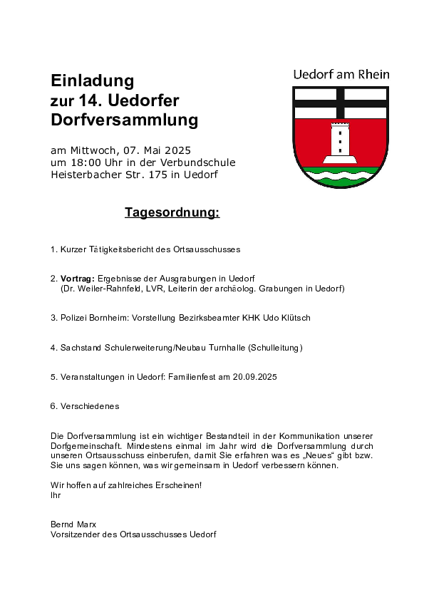 Einladung und Tagesordnung zur Uedorfer Dorfversammlung 2025
